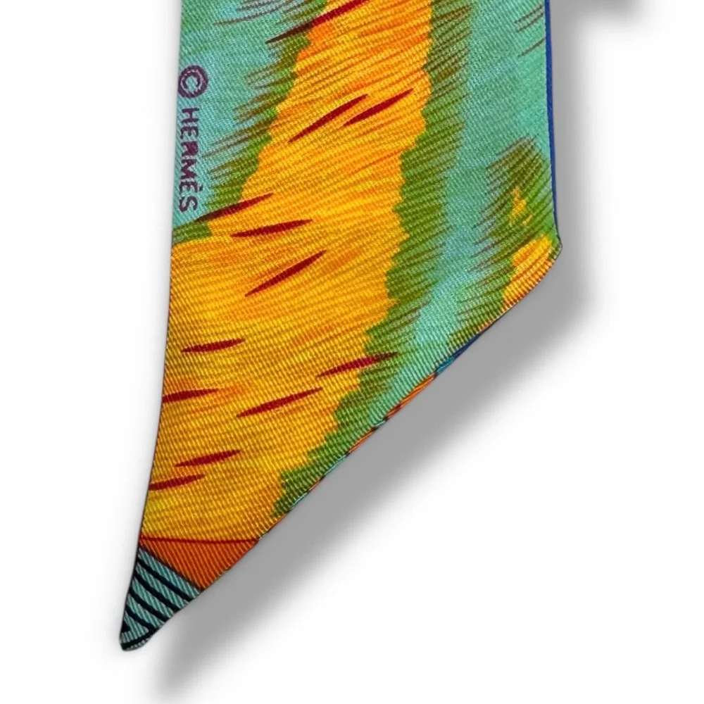 💗HERMES 100% Silk Twilly Ribbon Scarf • Vibrant Multicolor Blue Red Green Orange - Picture 6 of 10